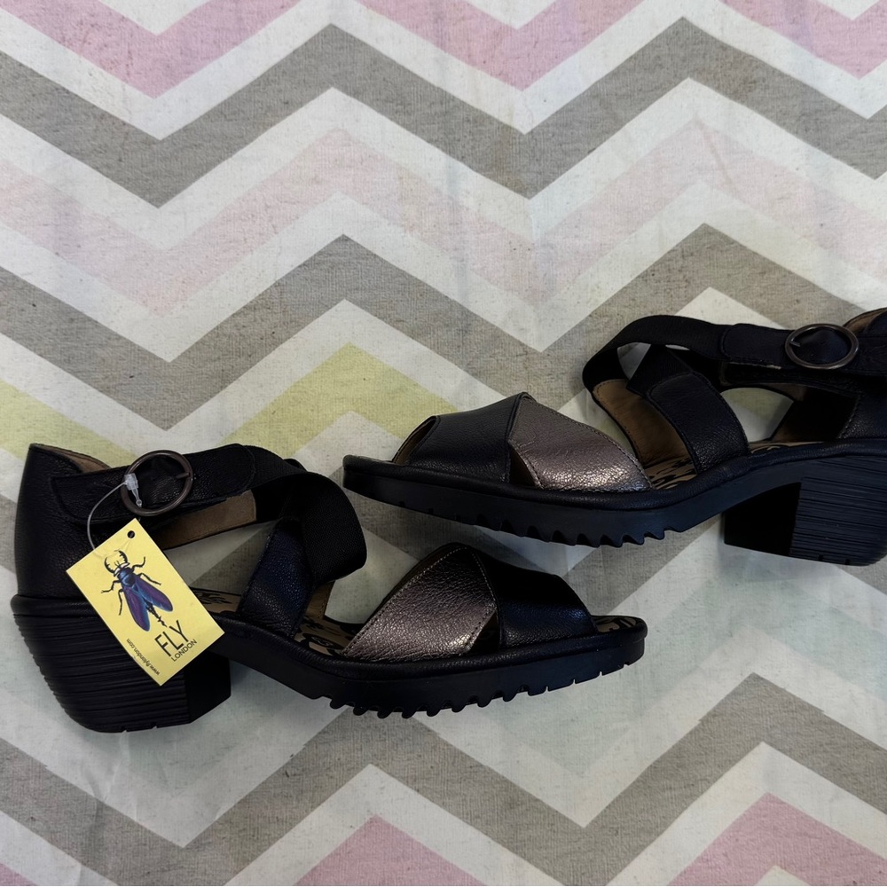 Fly London Black and Metallic Gray Block Heel Sandals